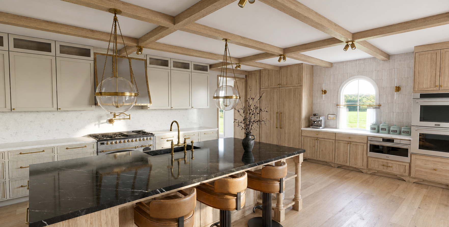 Light-filled kitchen design with a large dark stone island and layered lighting