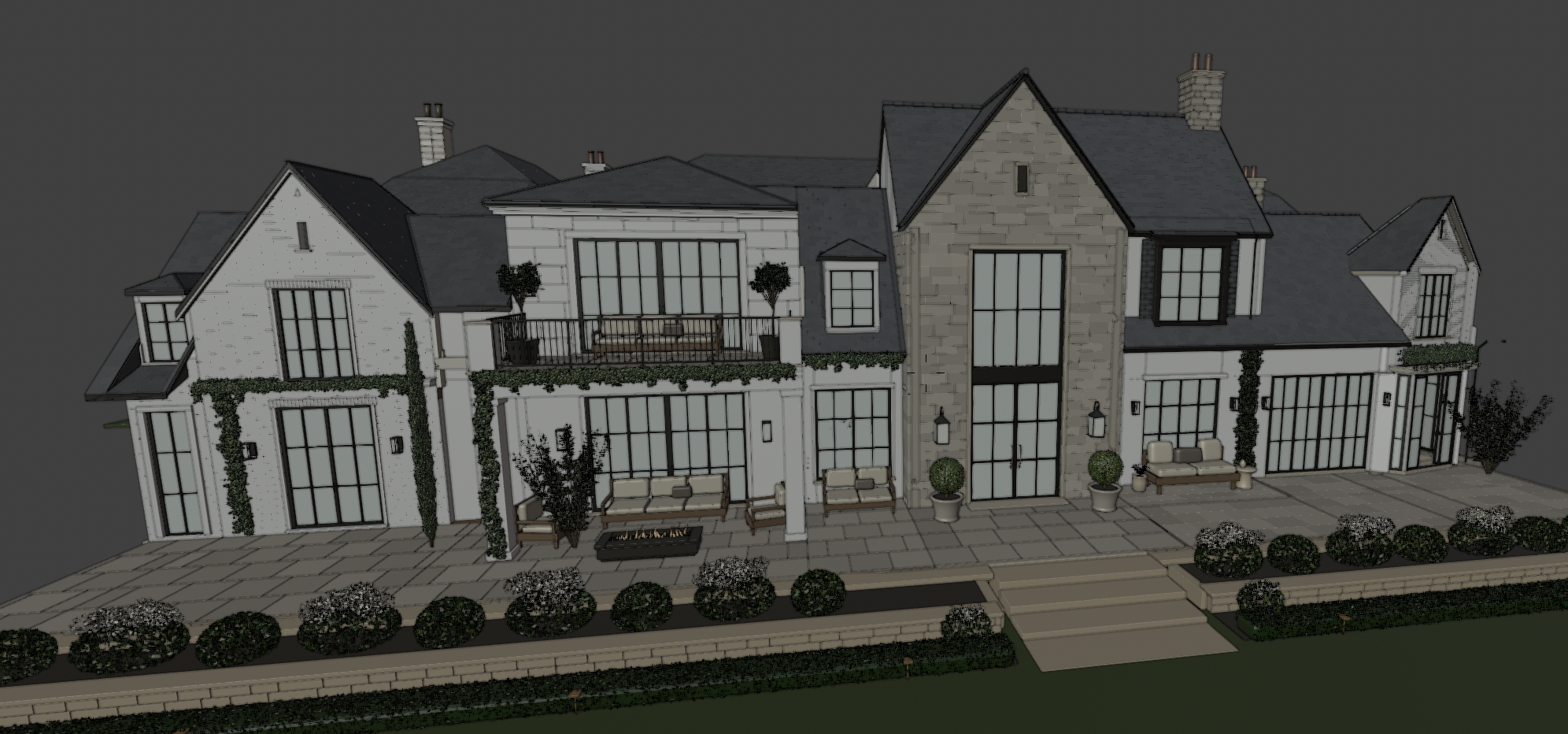 Three-dimensional model of The Highland Home front elevation and landscaped approach