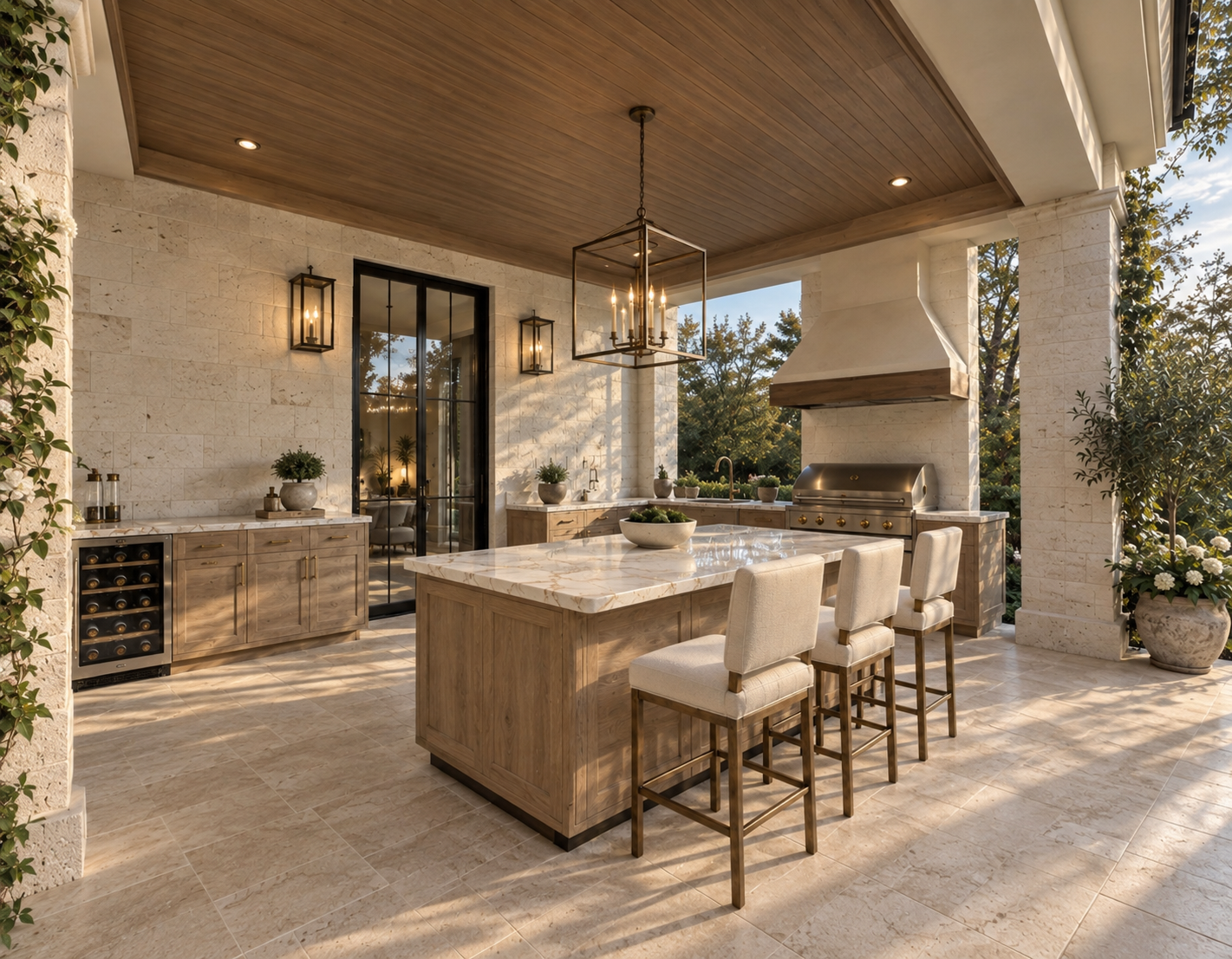 Covered outdoor kitchen with wood cabinetry, a marble island, and lantern lighting