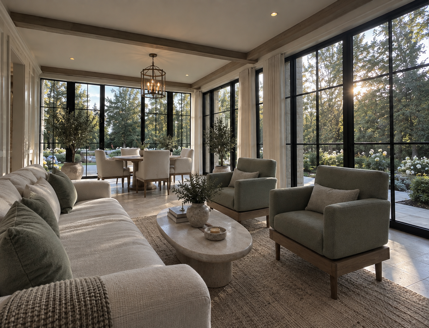 Garden-facing living and dining room with neutral seating, wood ceiling beams, and tall black-framed windows