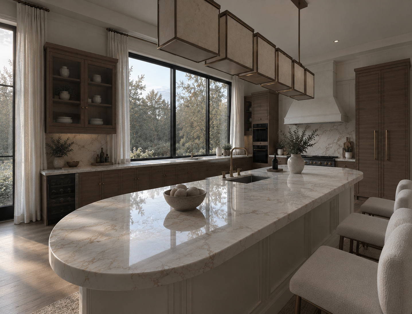 3D visualization of a kitchen with a curved marble island, wood cabinetry, and pendant lighting