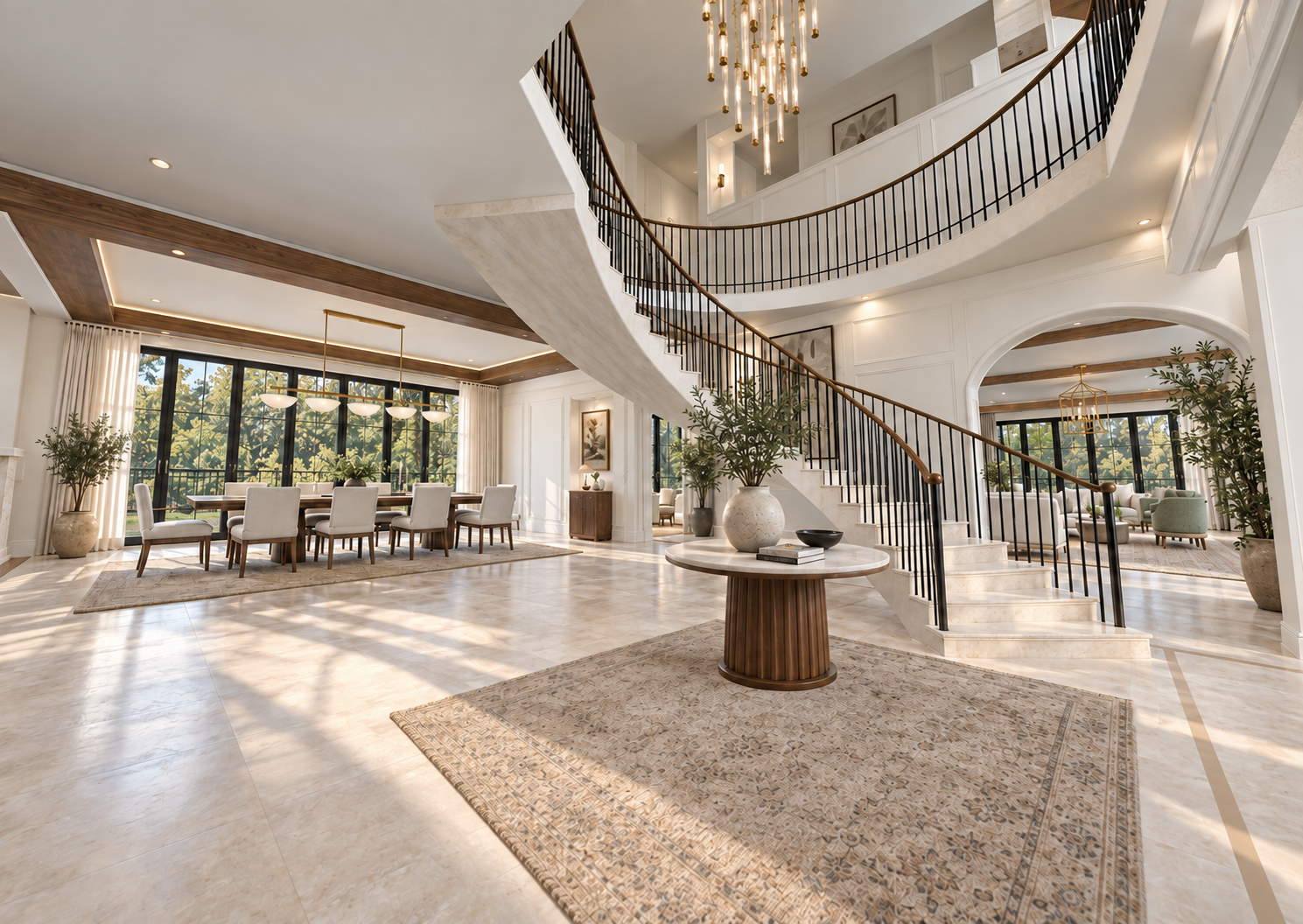 Airy atrium and dining room with a sweeping staircase and neutral stone finishes
