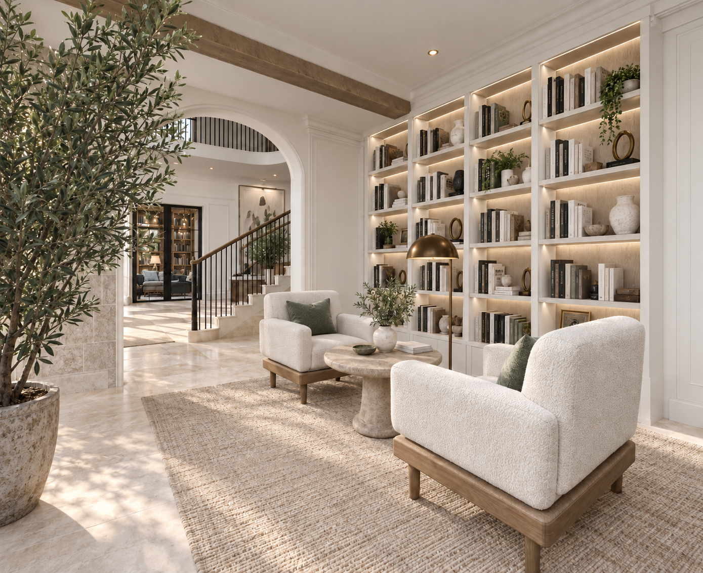 Reading nook with cream chairs, softly illuminated bookshelves, and natural wood accents