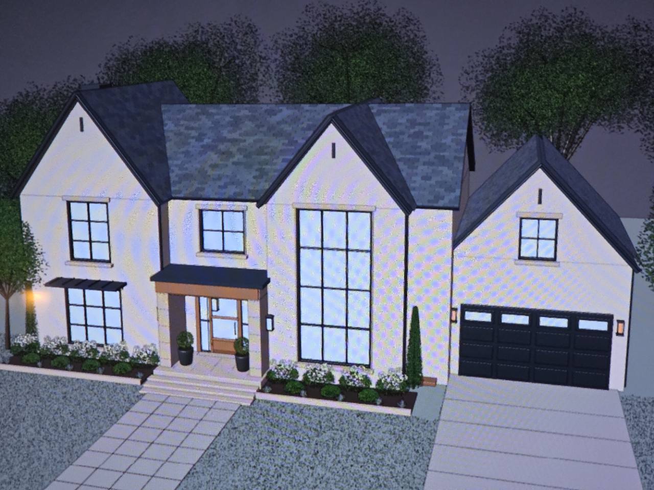 Parkwood design model viewed from above, showing the entry, front garden, and garage