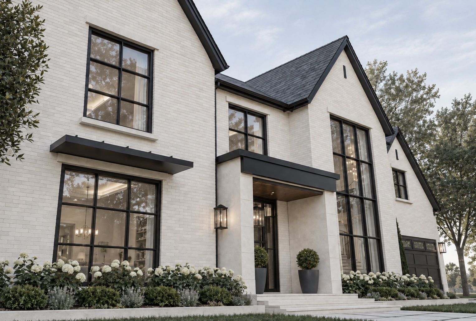 Parkwood entrance with black metal canopies, tall windows, and flowering borders
