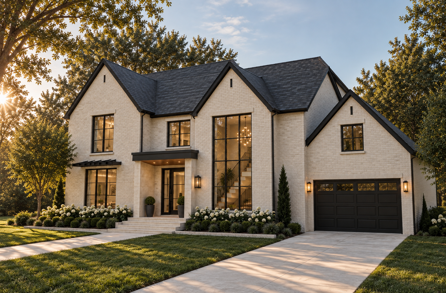 Parkwood exterior in warm evening light with white brick and landscaped gardens