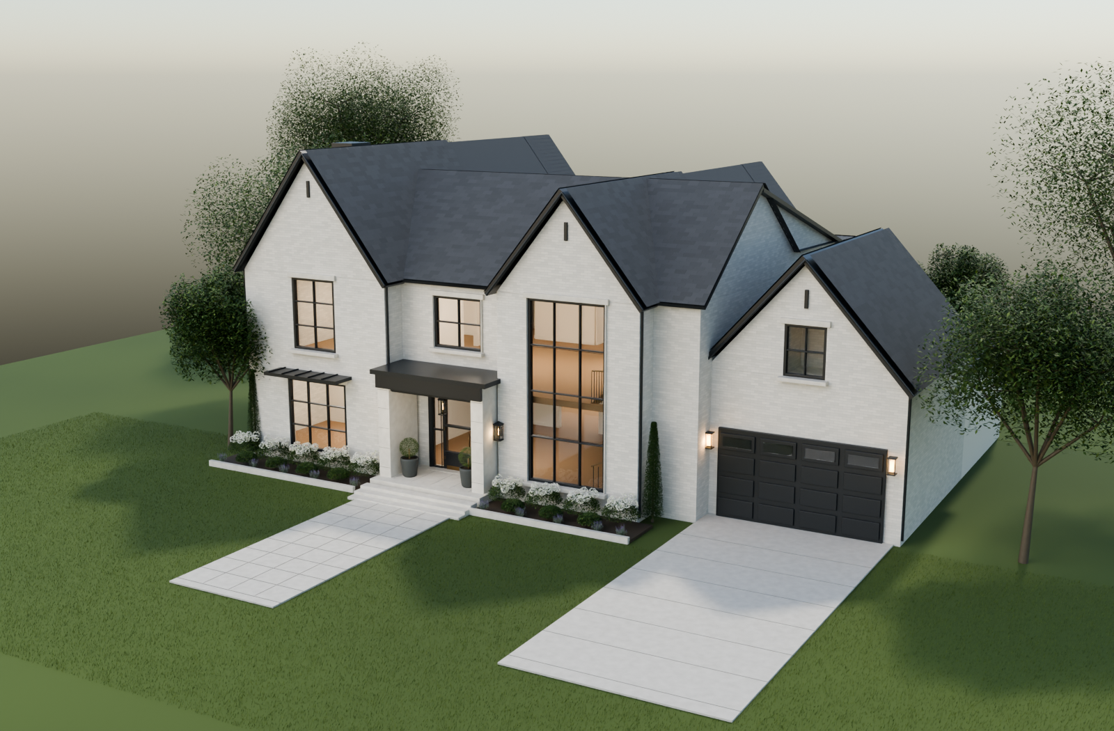 Parkwood architectural model with white brick, dark gabled roofs, and a tall glazed entry